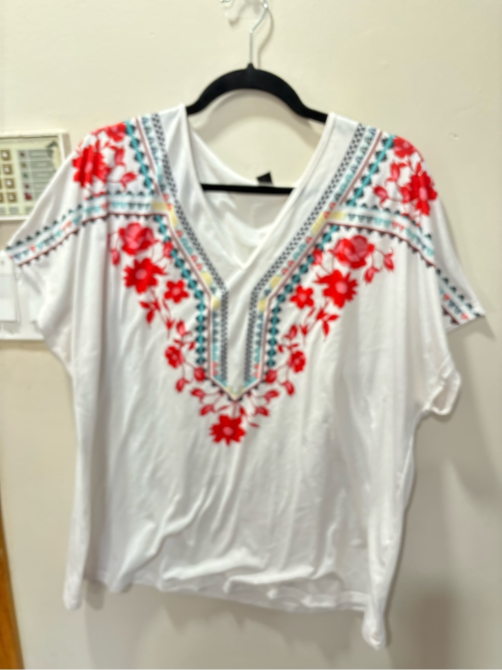 SHEIN White V-Neck Short Sleeve Top with Red Floral Embroidery